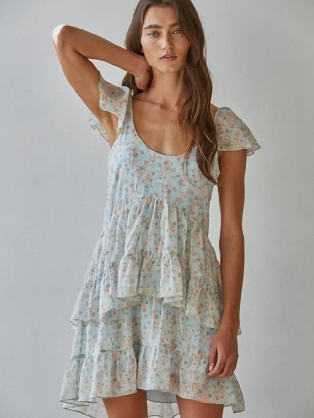 NWT Boutique: By Together Petalune Ruffle Floral Mini Dress - Light Blue - Picture 2 of 4
